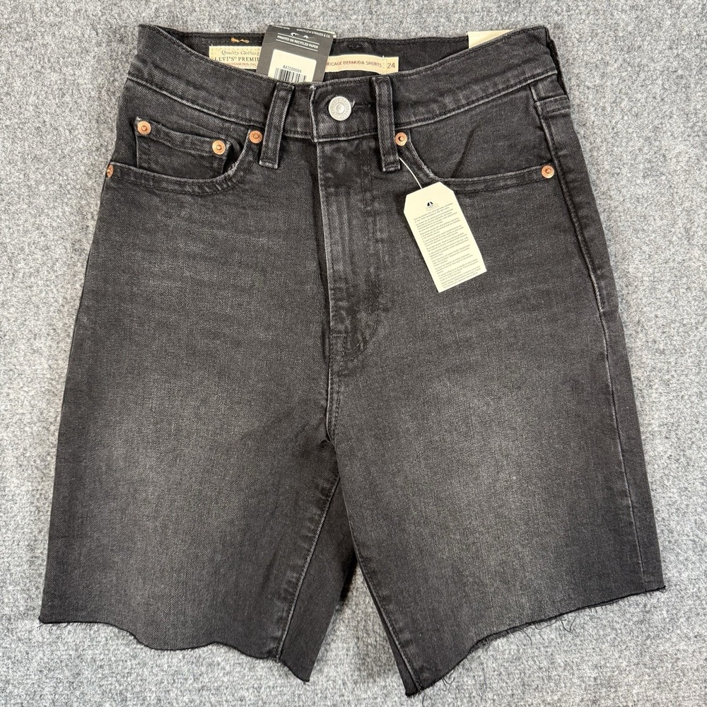 NWT Levi's Premium Ribcage Bermuda Shorts Womens 24 Washed Black Raw Hem Cutoff